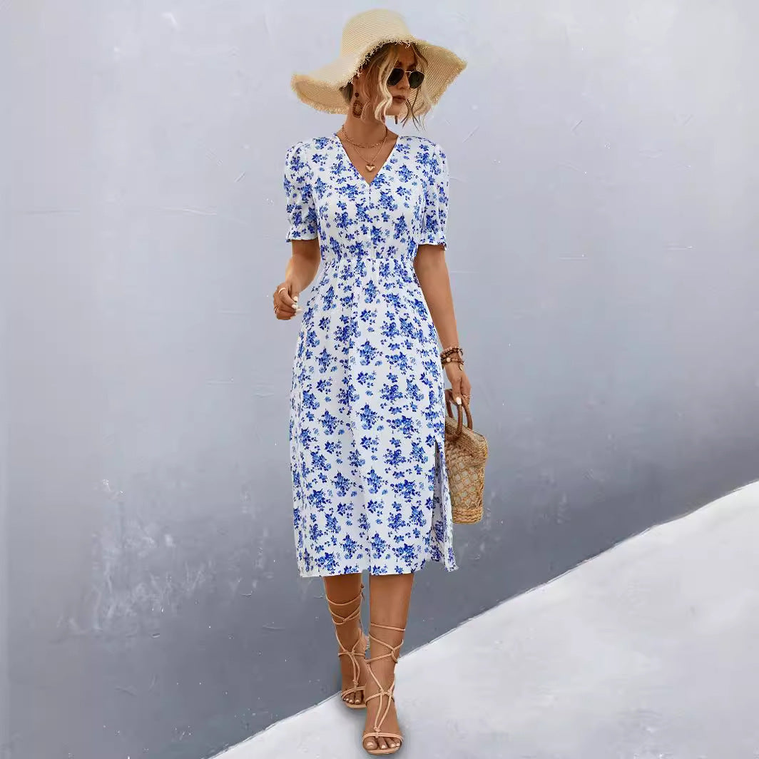 Damen midi Kleid mit floralen Mustern und seitlichem Schlitz Sovae