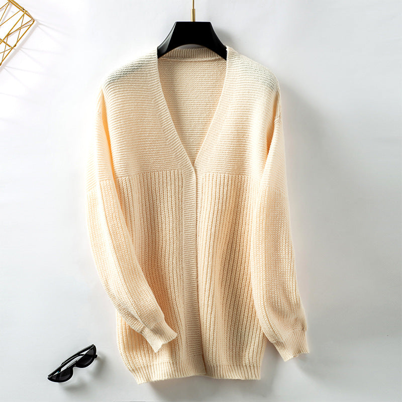 Damen lockere Strickjacke mit V-Ausschnitt und Strukturmuster Sovae