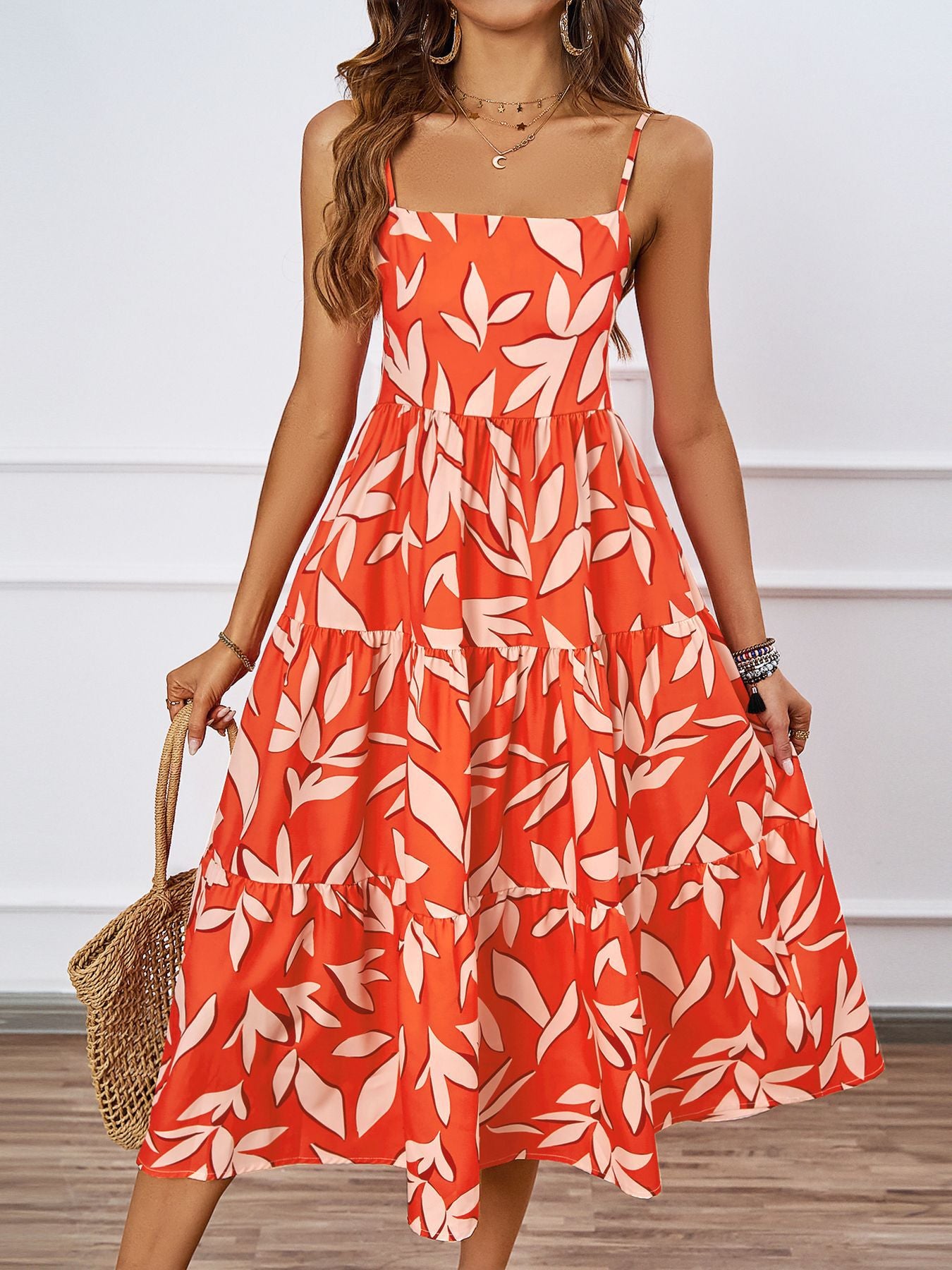 Damen luftiges Midi-Kleid mit floralem Musterdruck und Rüschensaum Sovae
