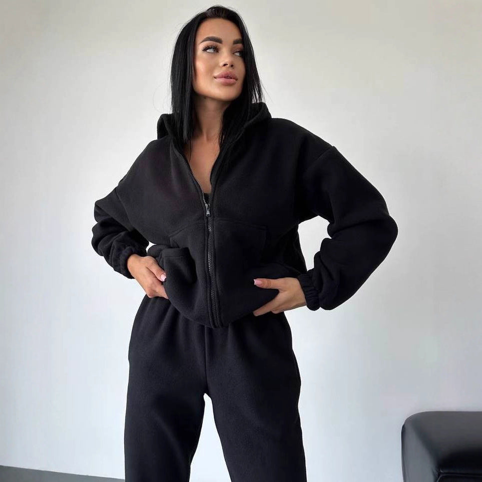 Damen Fleece-Loungewear-Anzug mit Reißverschluss und Kapuze Sovae