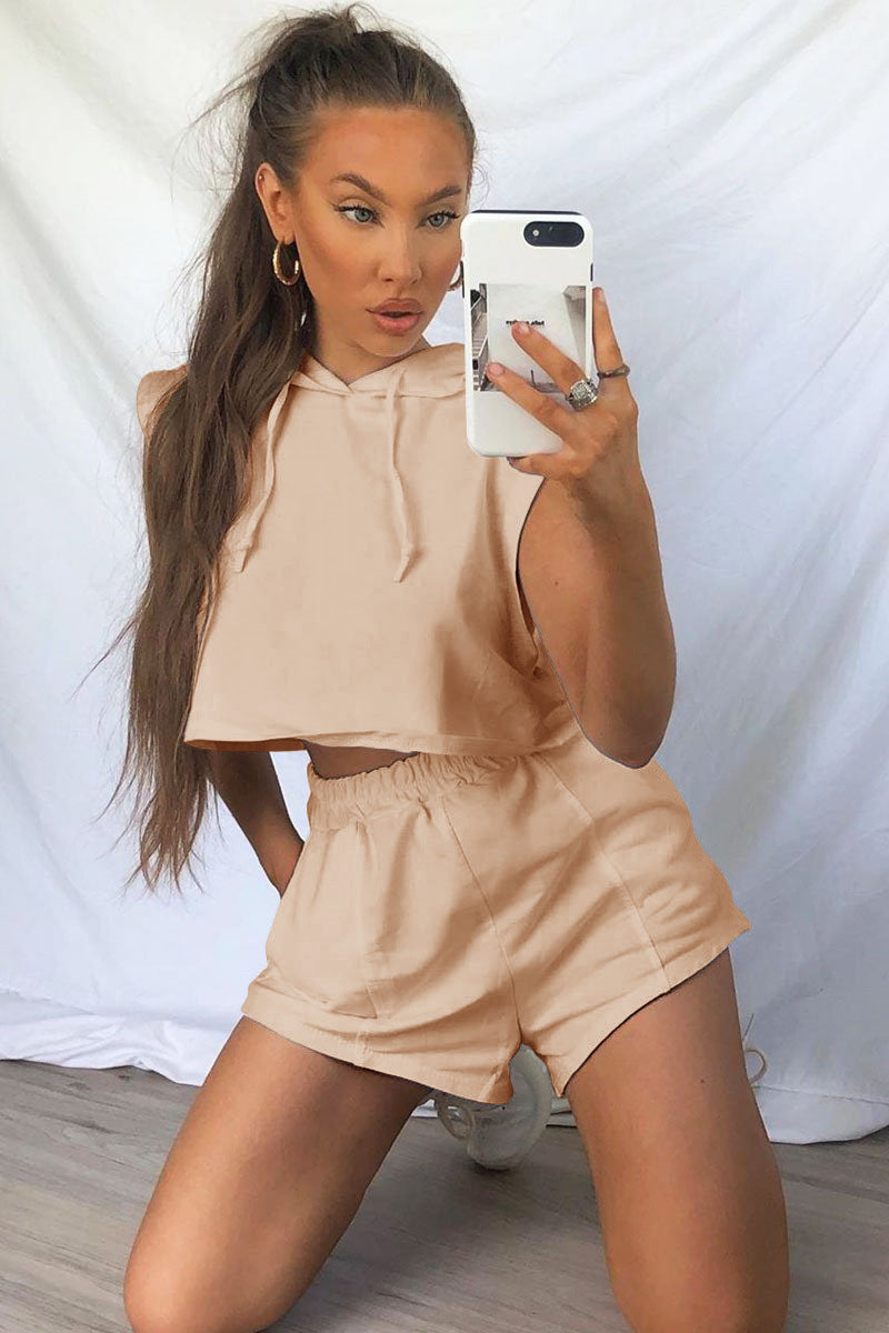 Damen Sportliches Zweiteiliges Set mit Kapuzenoberteil und Shorts Sovae