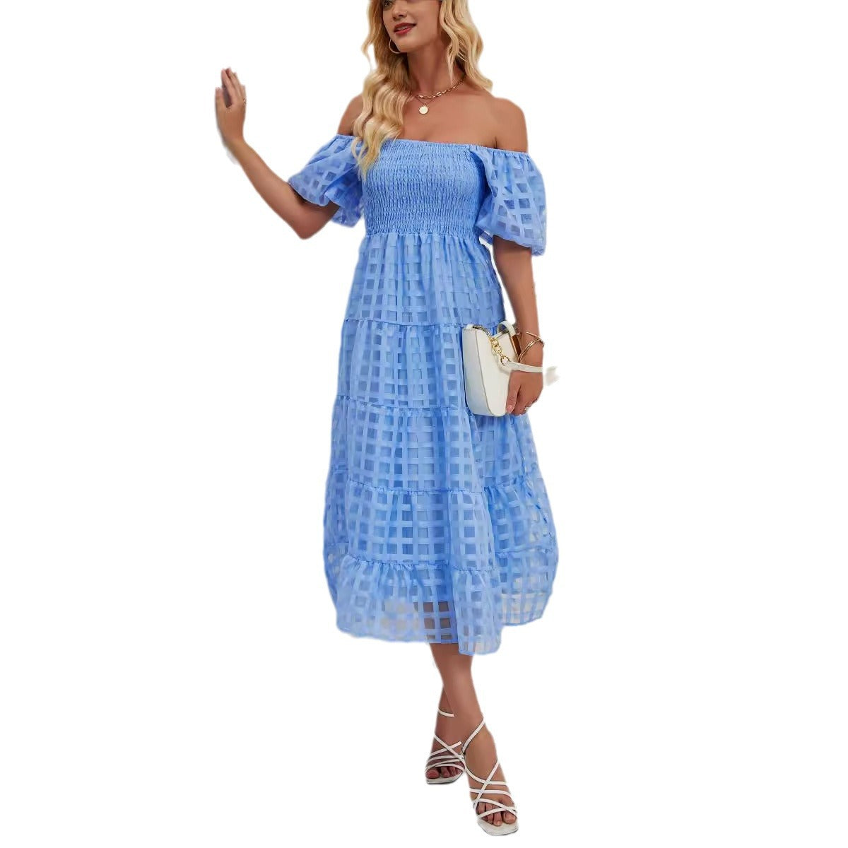 Damen luftiges Maxikleid mit gerafften Puffärmeln und Karomuster Sovae