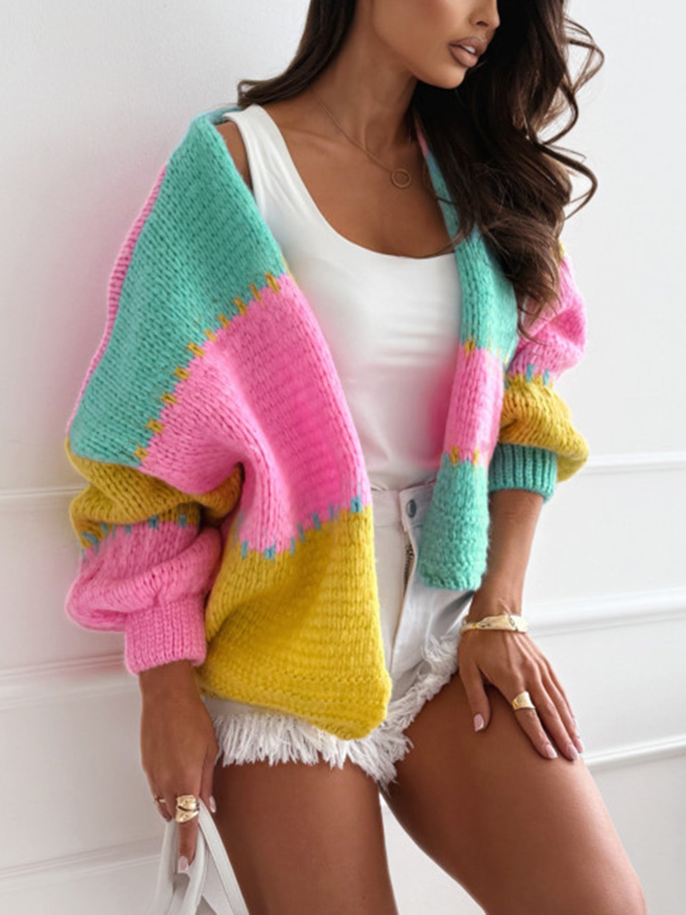 Damen lässige Oversized-Strickjacke mit buntem Blockdesign Sovae