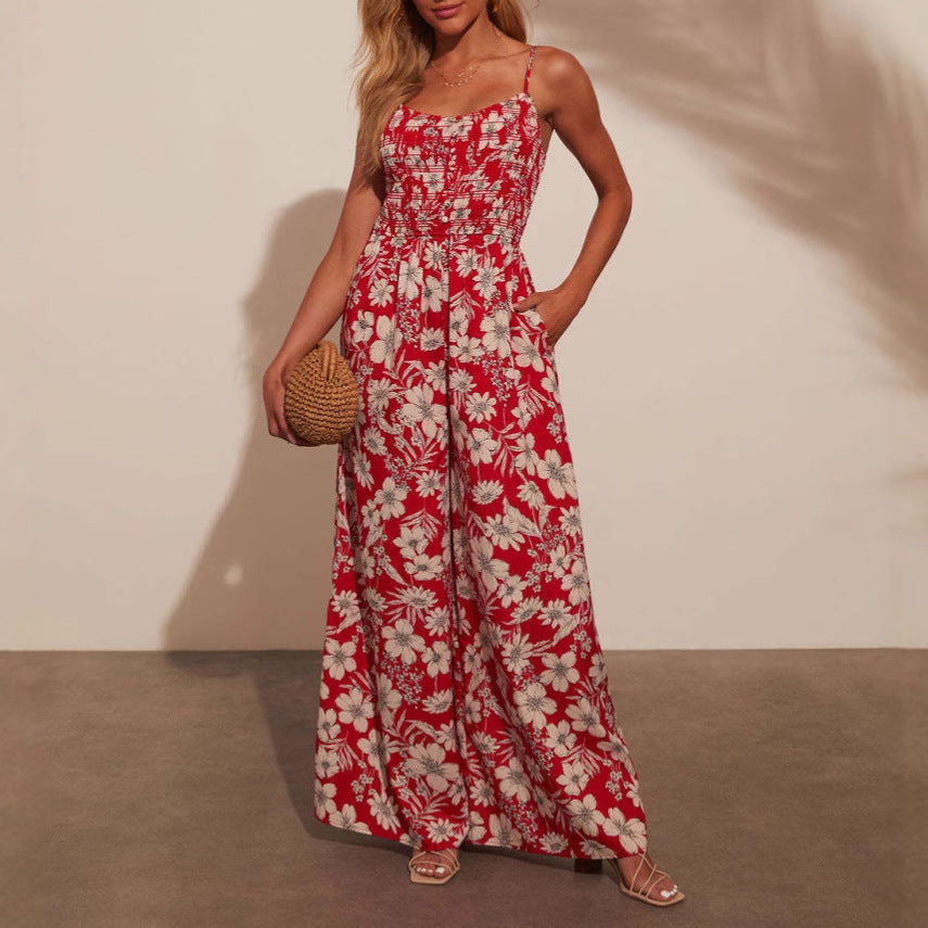 Damen luftiges Maxikleid mit elastischem Taillengürtel und feinem Blumenprint Sovae