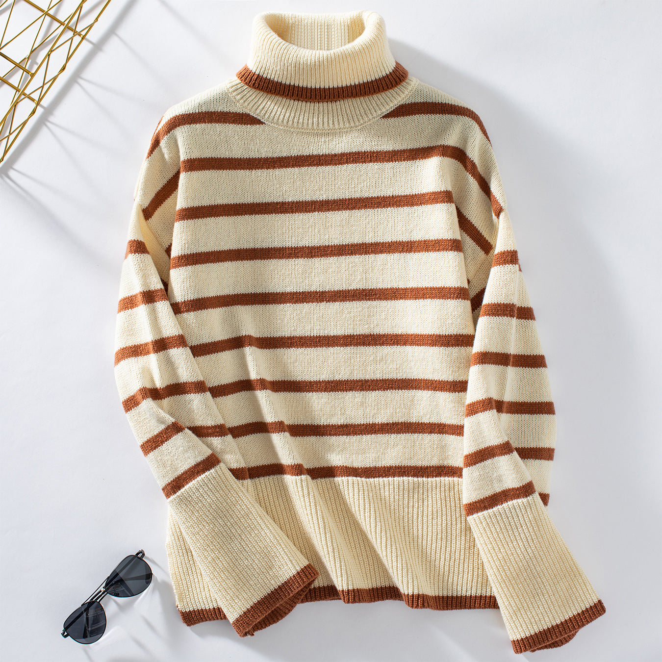 Damen modischer Rollkragenpullover mit breiten Streifen und lässigem Schnitt Sovae