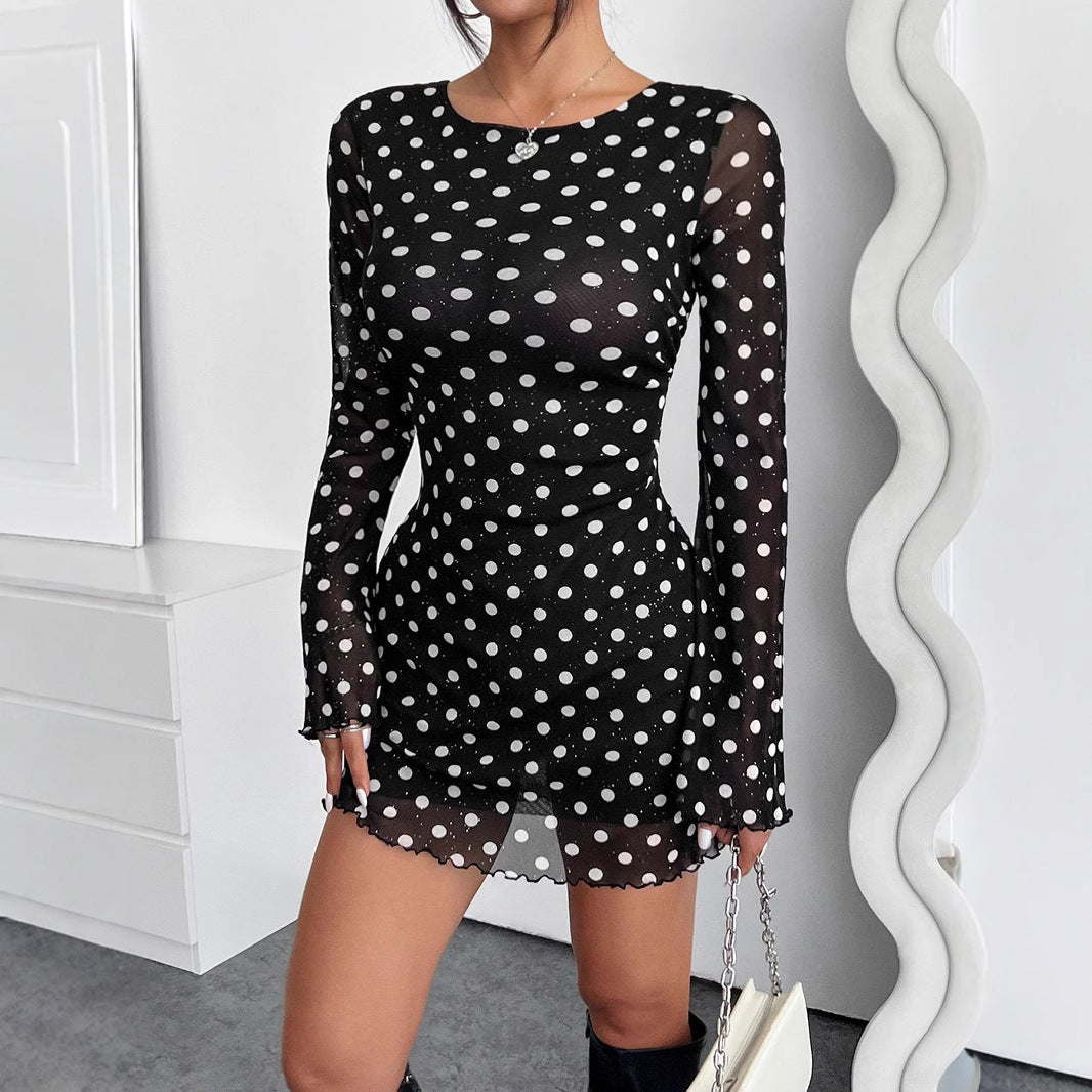 Damen Polka-Dots Minikleid mit langen Ärmeln Sovae
