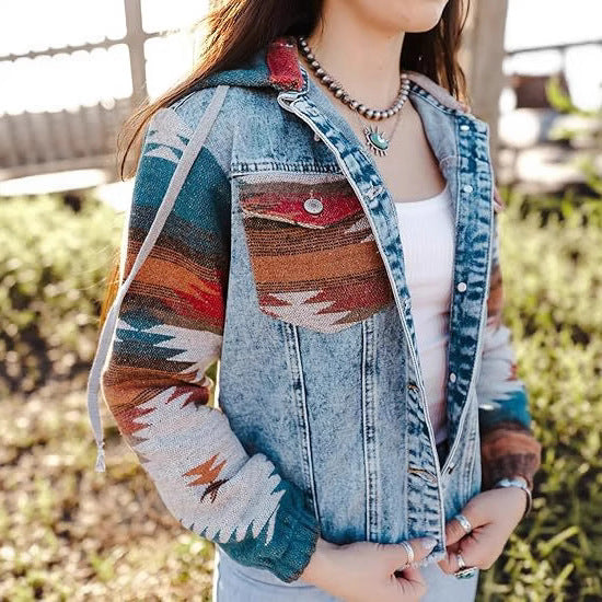 Damen Denimjacke im lässigen Boho-Stil mit Kapuze Sovae