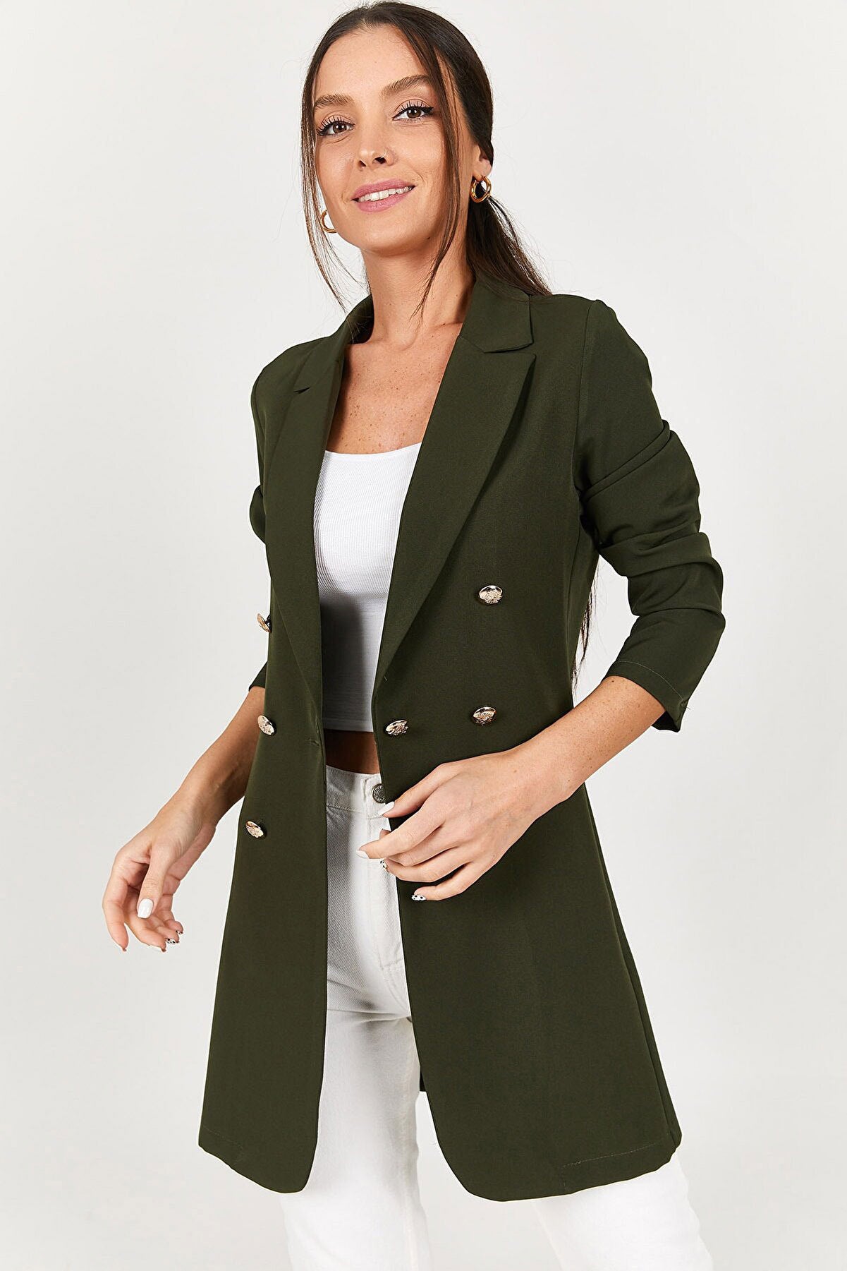 Damen eleganter Longblazer mit doppelter Knopfreihe Sovae