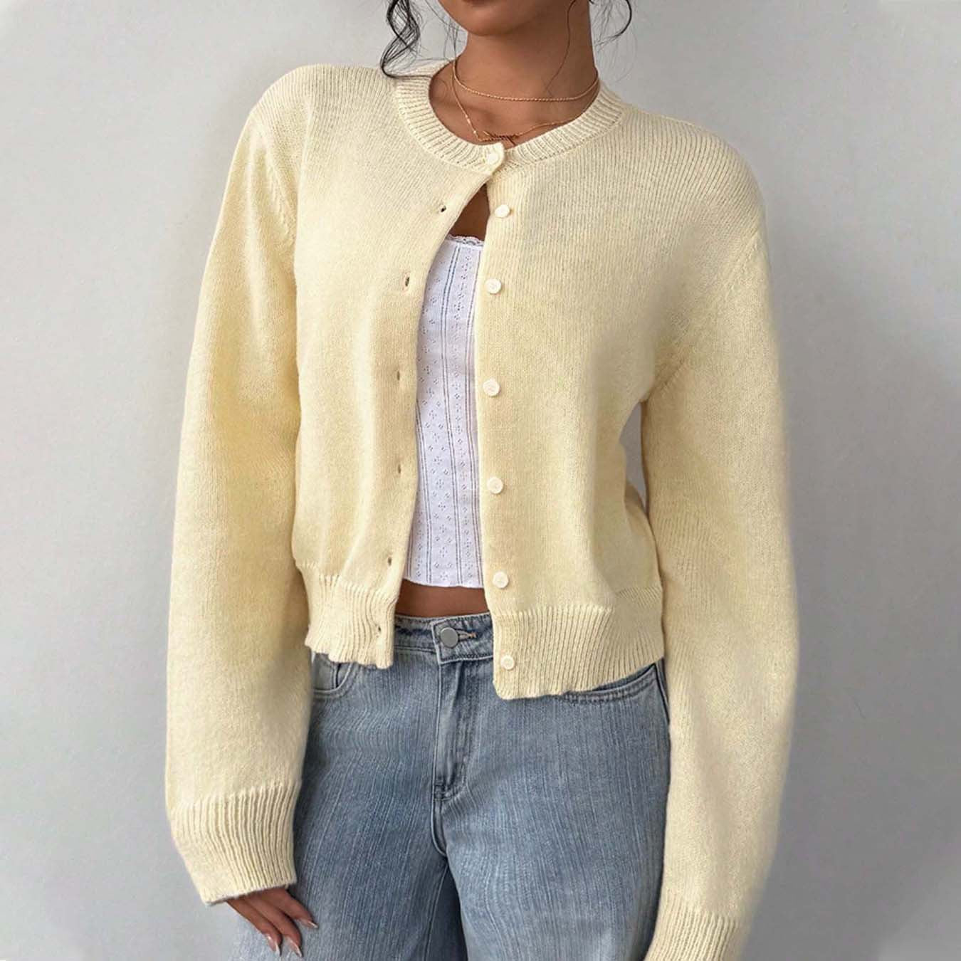 Damen leichte Strickjacke mit Knopfdetails und Rundhalsausschnitt Sovae