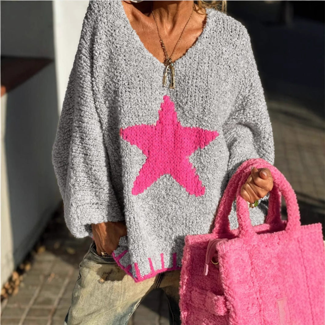 Damen Strickpullover mit V-Ausschnitt und auffälligem Sternenmuster Sovae