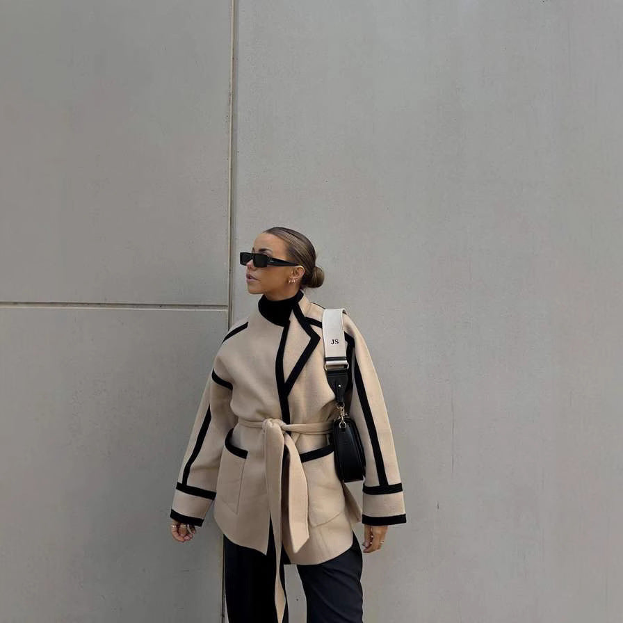 Damen elegante Blazerjacke mit Taillengürtel und Kontrastnähten Sovae