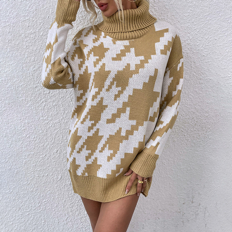 Damen Oversized Pullover mit Hohem Kragen und Modernem Muster Sovae