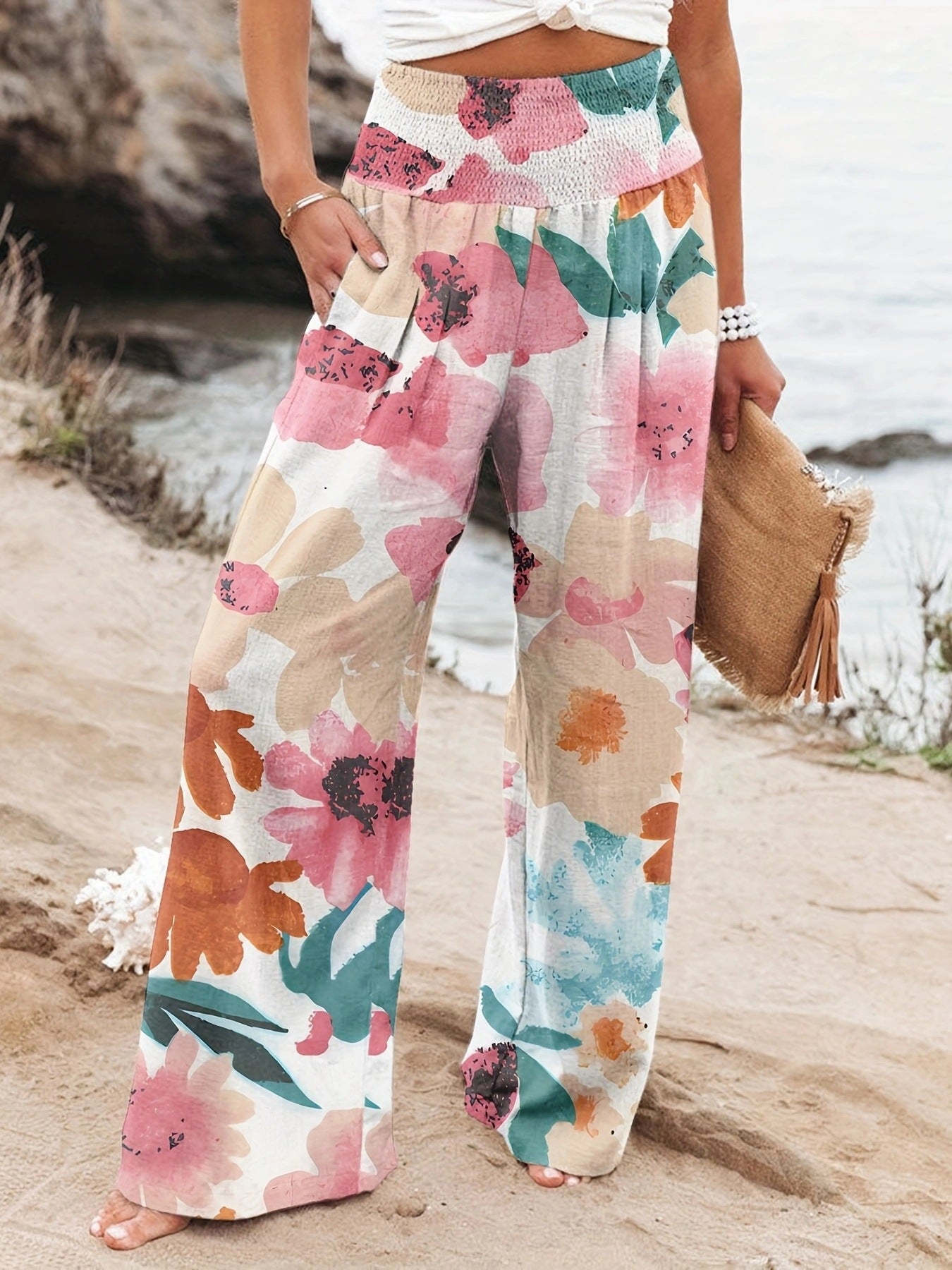Damen Weit geschnittene Sommerhose mit floralem Print und elastischem Bund Sovae