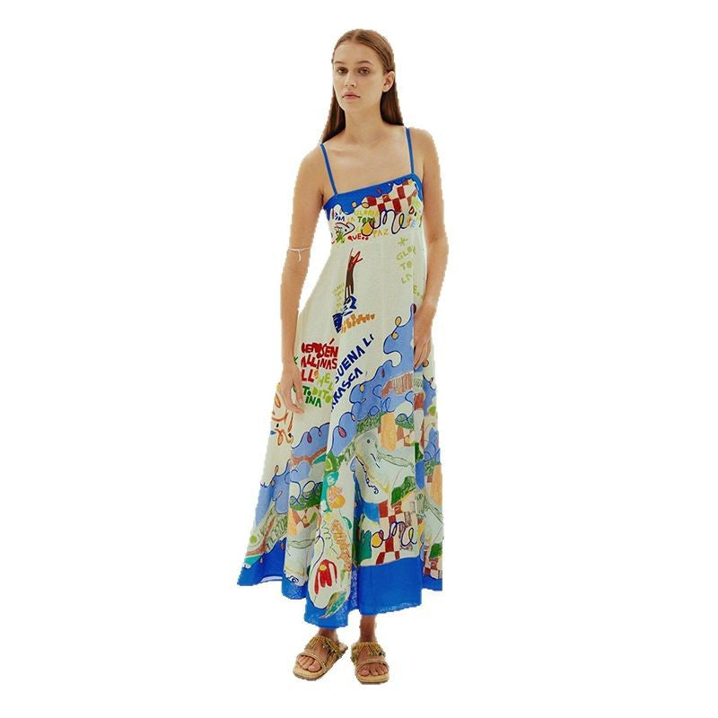 Damen Maxikleid mit buntem grafischen Design und verstellbaren Trägern Sovae