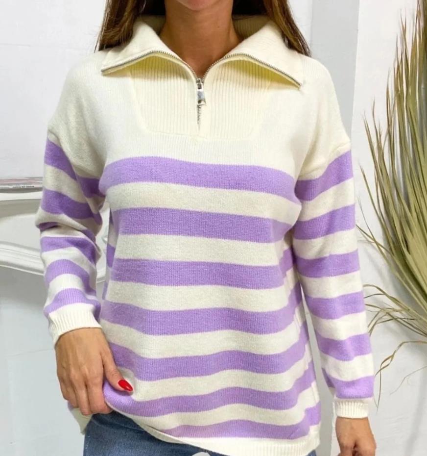 Damen gemusterter Pullover mit Stehkragen und Reißverschluss Sovae