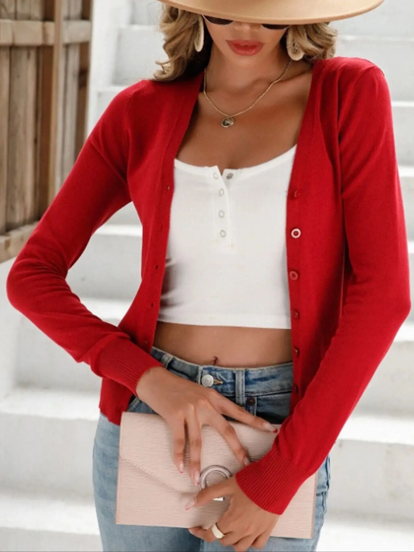 Damen elegante Strickjacke mit Knopfverschluss Sovae