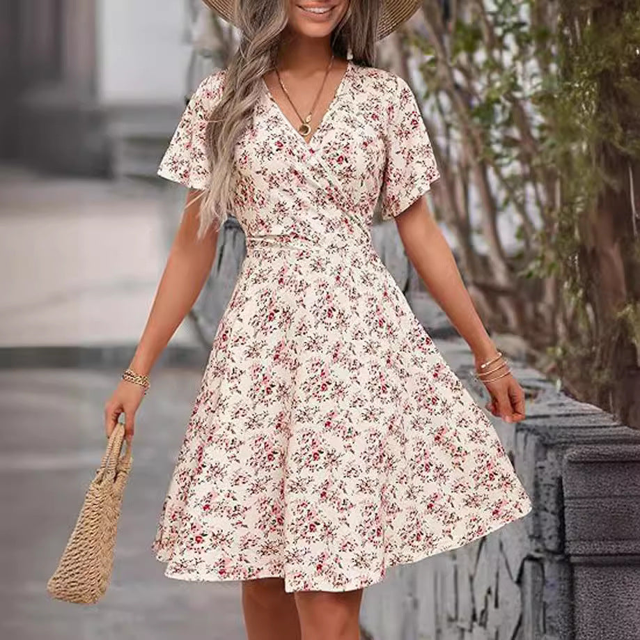 Damen florales Midikleid mit V-Ausschnitt und weit schwingendem Rock Sovae