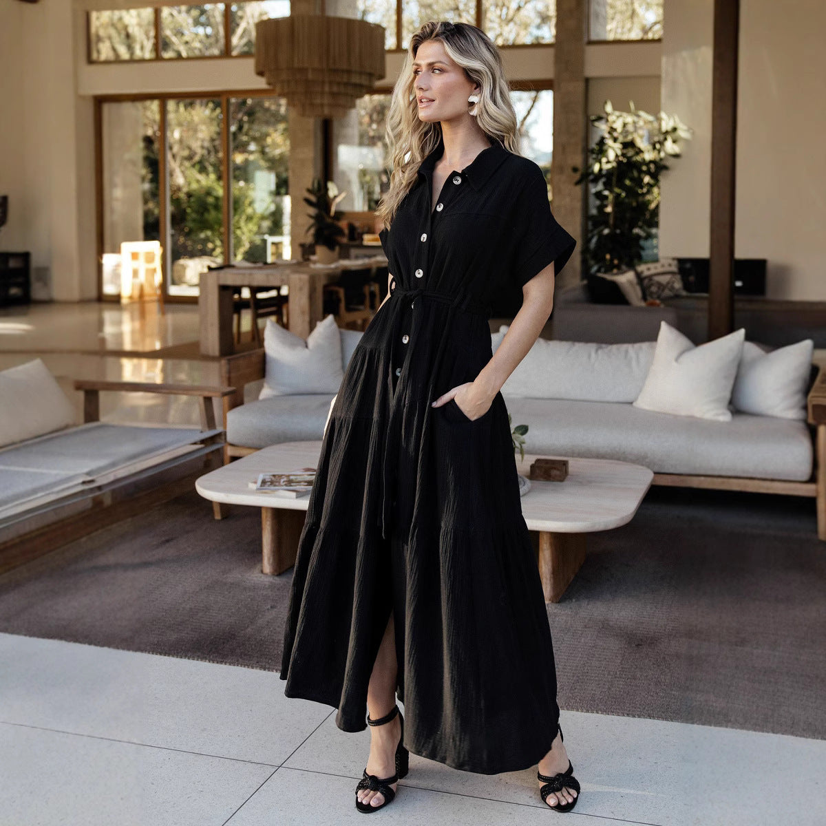 Damen Maxikleid mit taillierbarem Gürtel und Volant Sovae