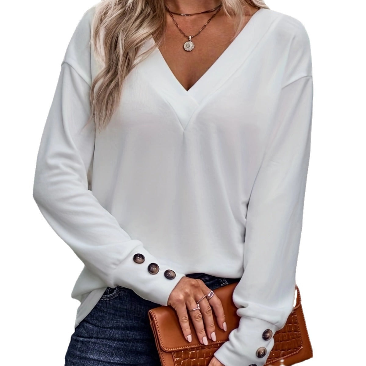 Damen V-Ausschnitt Langarmoberteil mit dekorativen Knöpfen Sovae