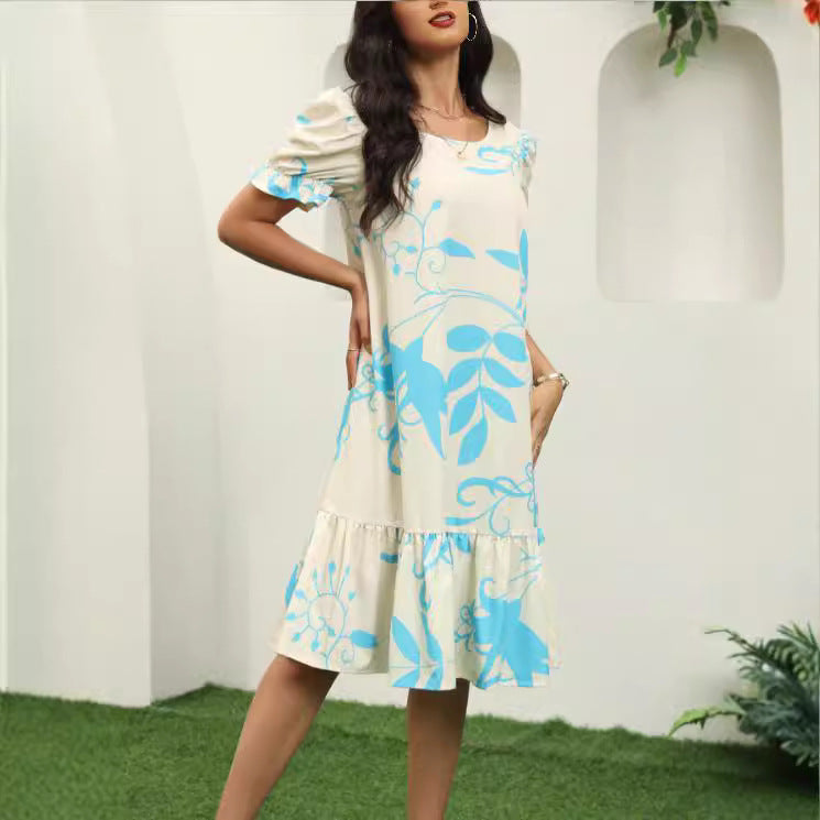 Damen lässiges Midikleid mit Volant-Saum und Puffärmeln Sovae