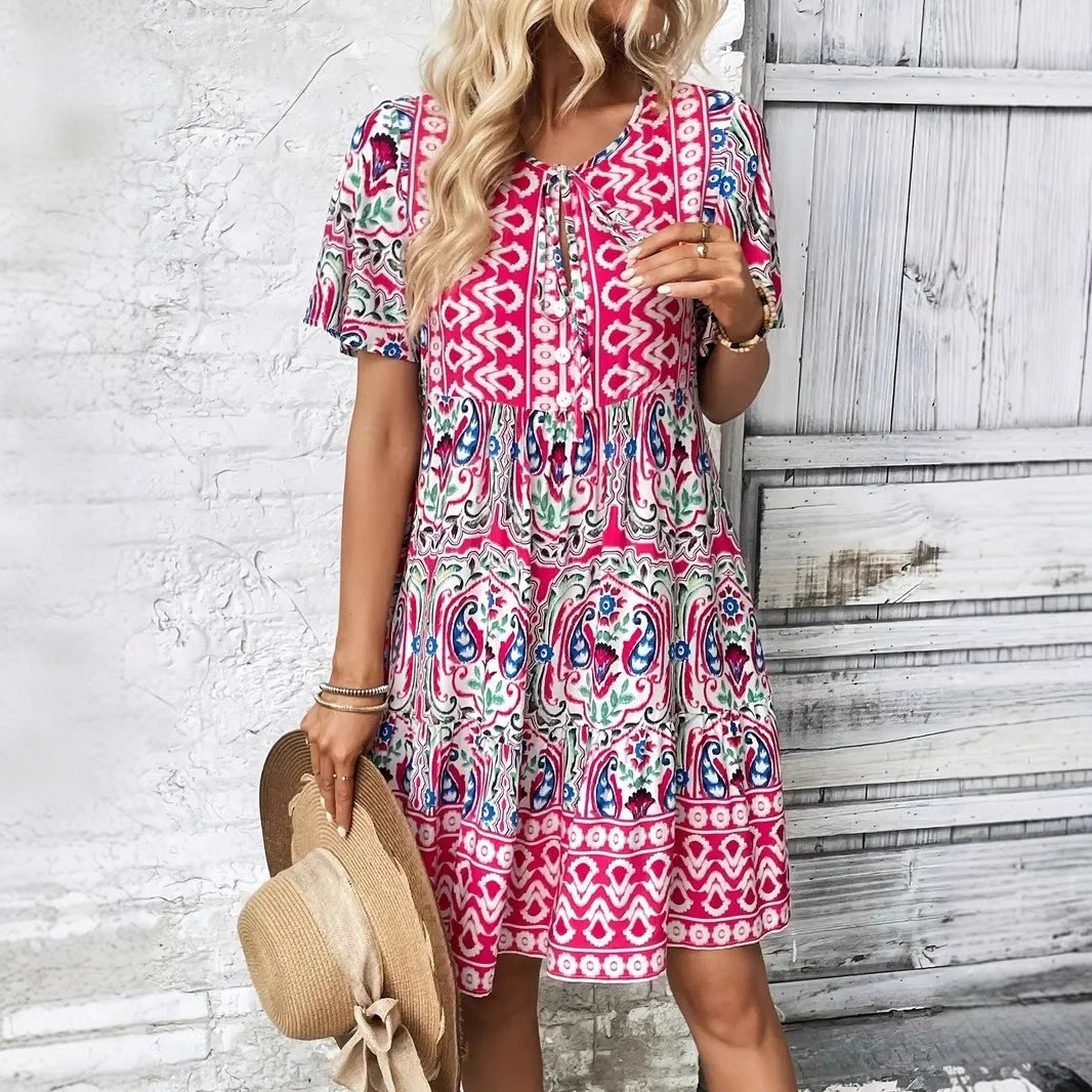 Damen Midi-Kleid mit verspieltem Muster und Knopfleiste Sovae