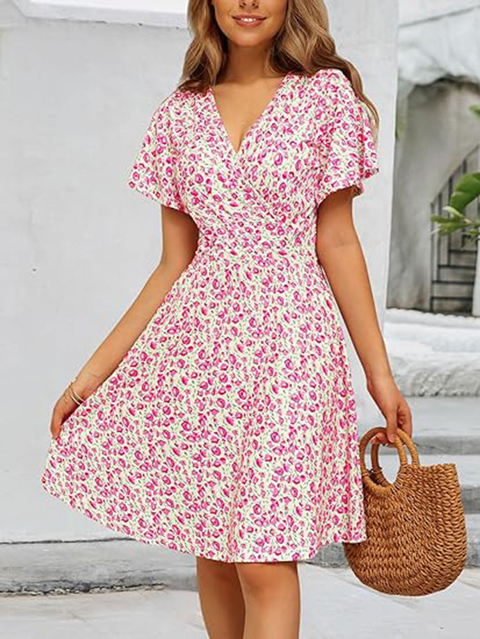Damen florales Midikleid mit V-Ausschnitt und weit schwingendem Rock Sovae