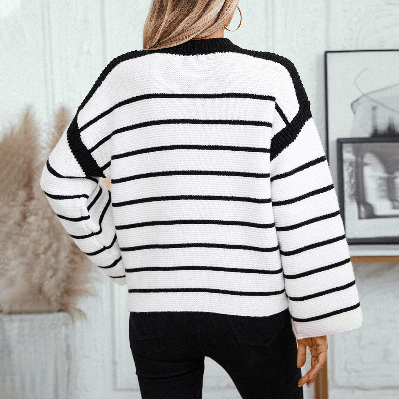 Damen lässiger Strickpullover mit blockierendem Streifenmuster und weitem Schnitt Sovae