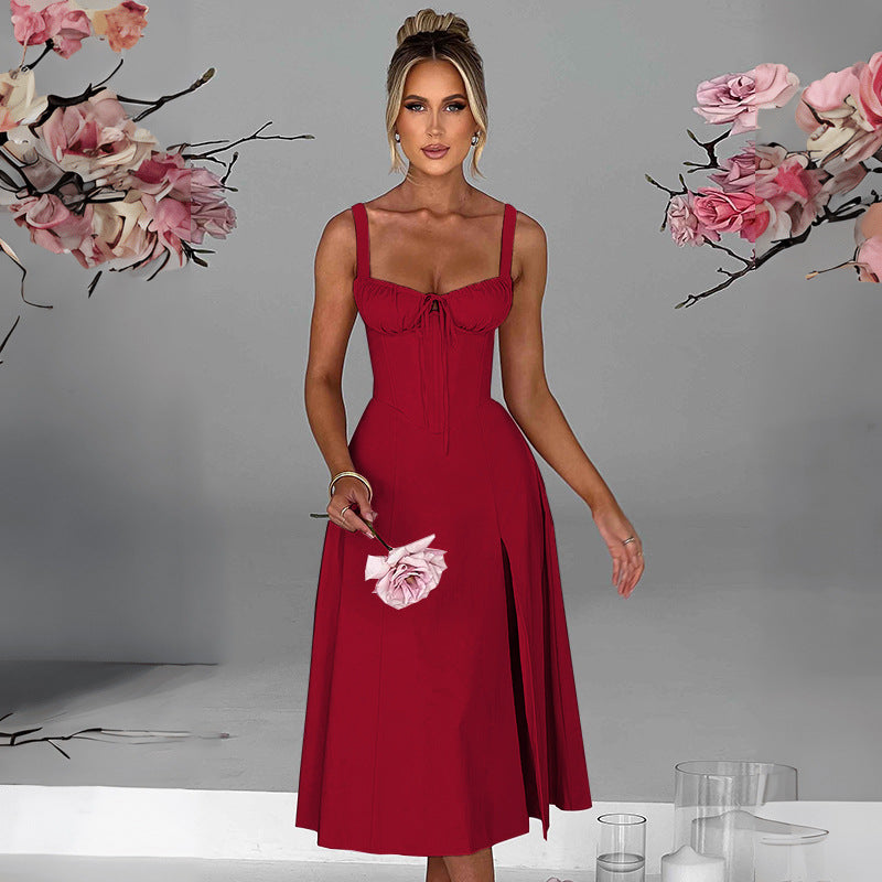Damen Midikleid mit elegantem Schlitz und Rüschen Sovae