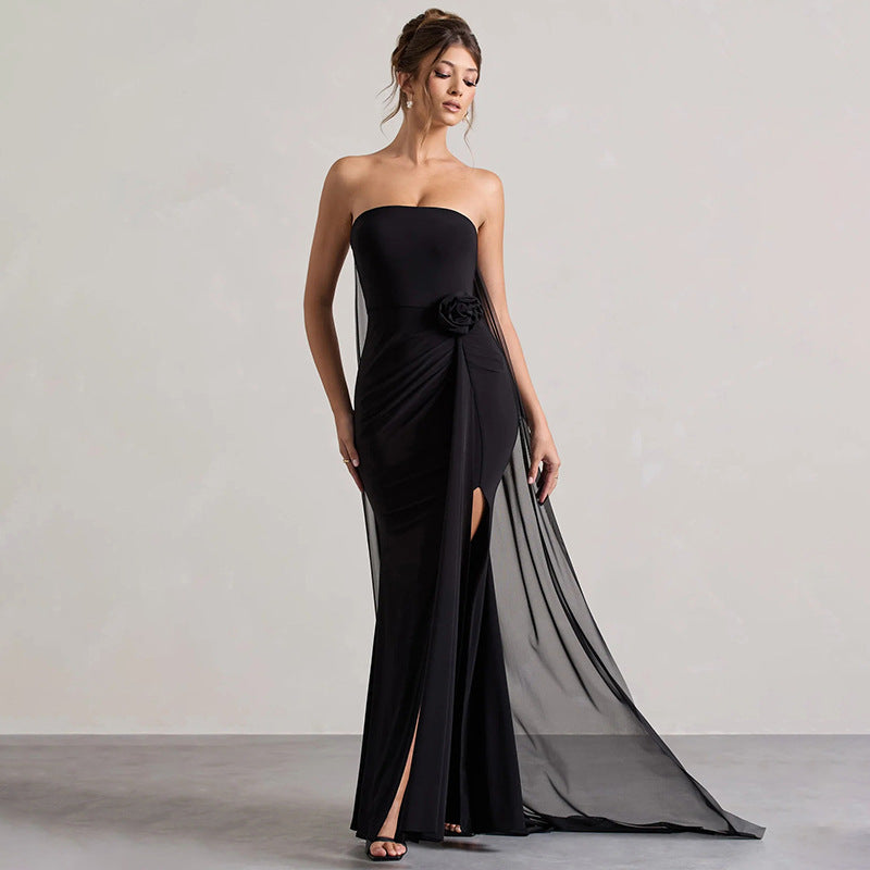 Damen elegantes langes Kleid mit transparenten Ärmeln Sovae