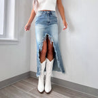 Damen High-Waist Denim-Rock mit Fransen und Schlitz Sovae