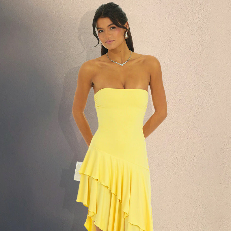 Damen langes Wickelkleid mit voluminösen Rüschendetails Sovae