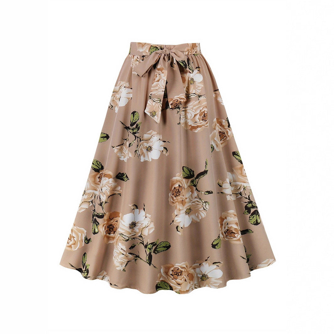 Damen Maxi-Rock mit floralem Muster und taillierter Schleife Sovae