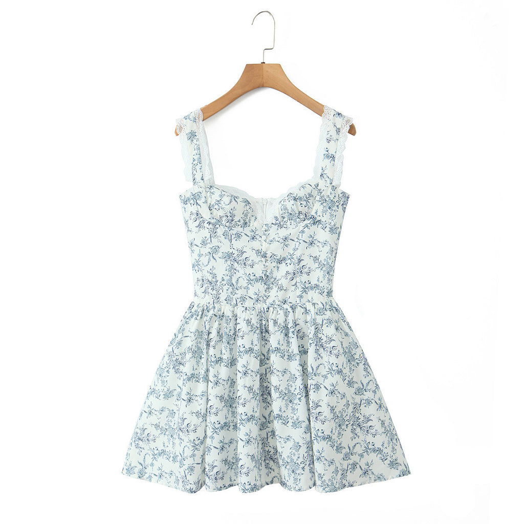 Damen kurzes Blumenkleid mit verstellbaren Spaghettiträgern Sovae