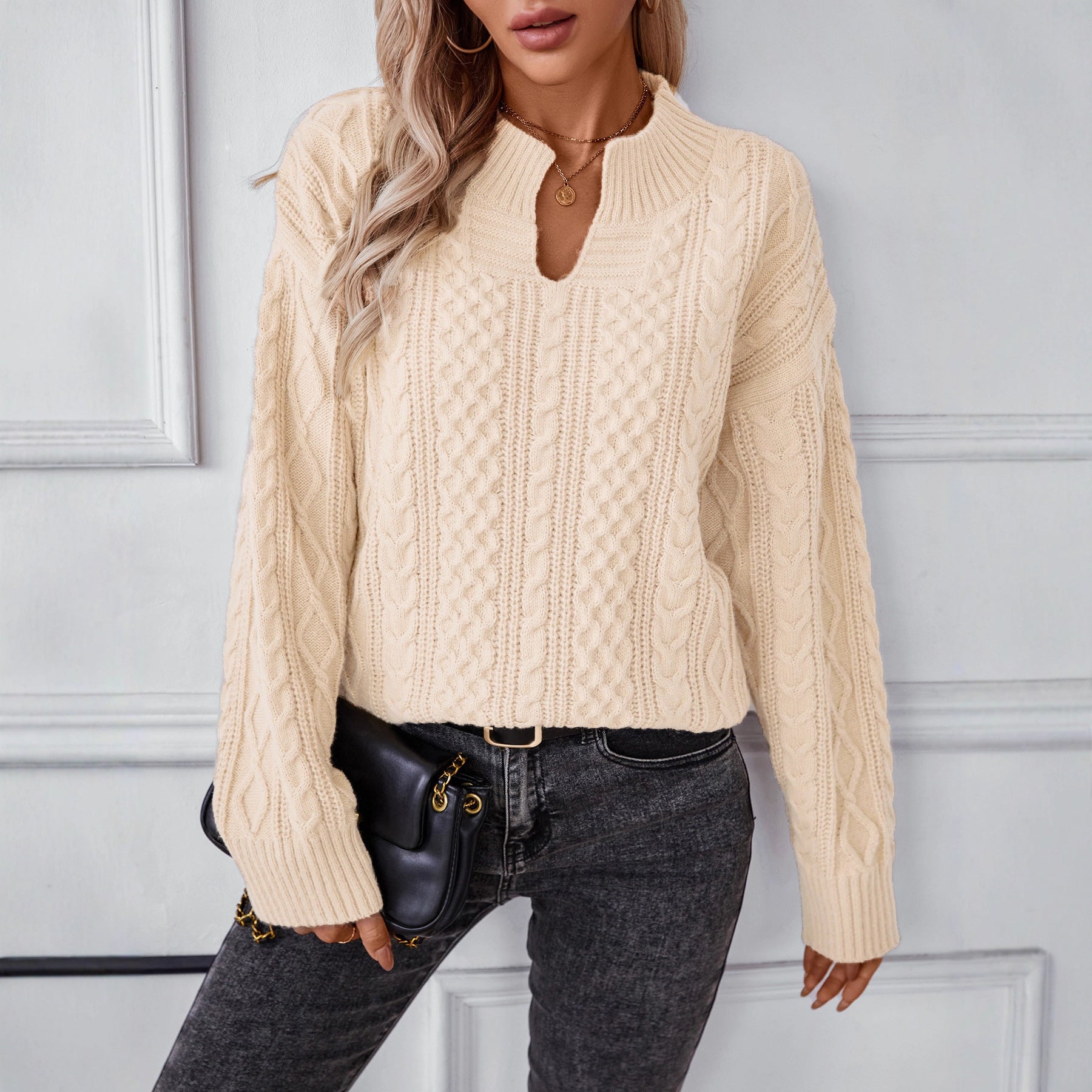 Damen modischer Strickpullover mit einzigartigem Zopfdesign und Rundhalsausschnitt Sovae