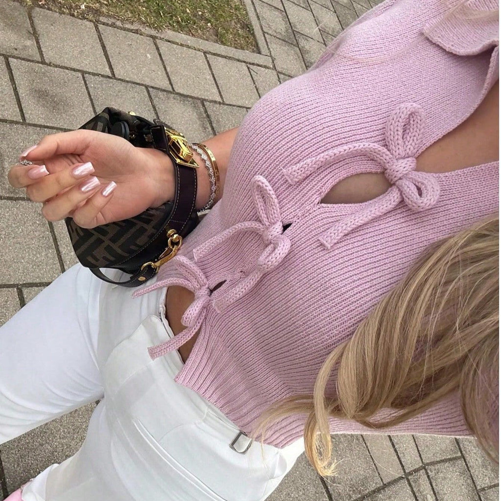 Damen modische Strickjacke mit kurzen Ärmeln und Schleifenverschluss Sovae