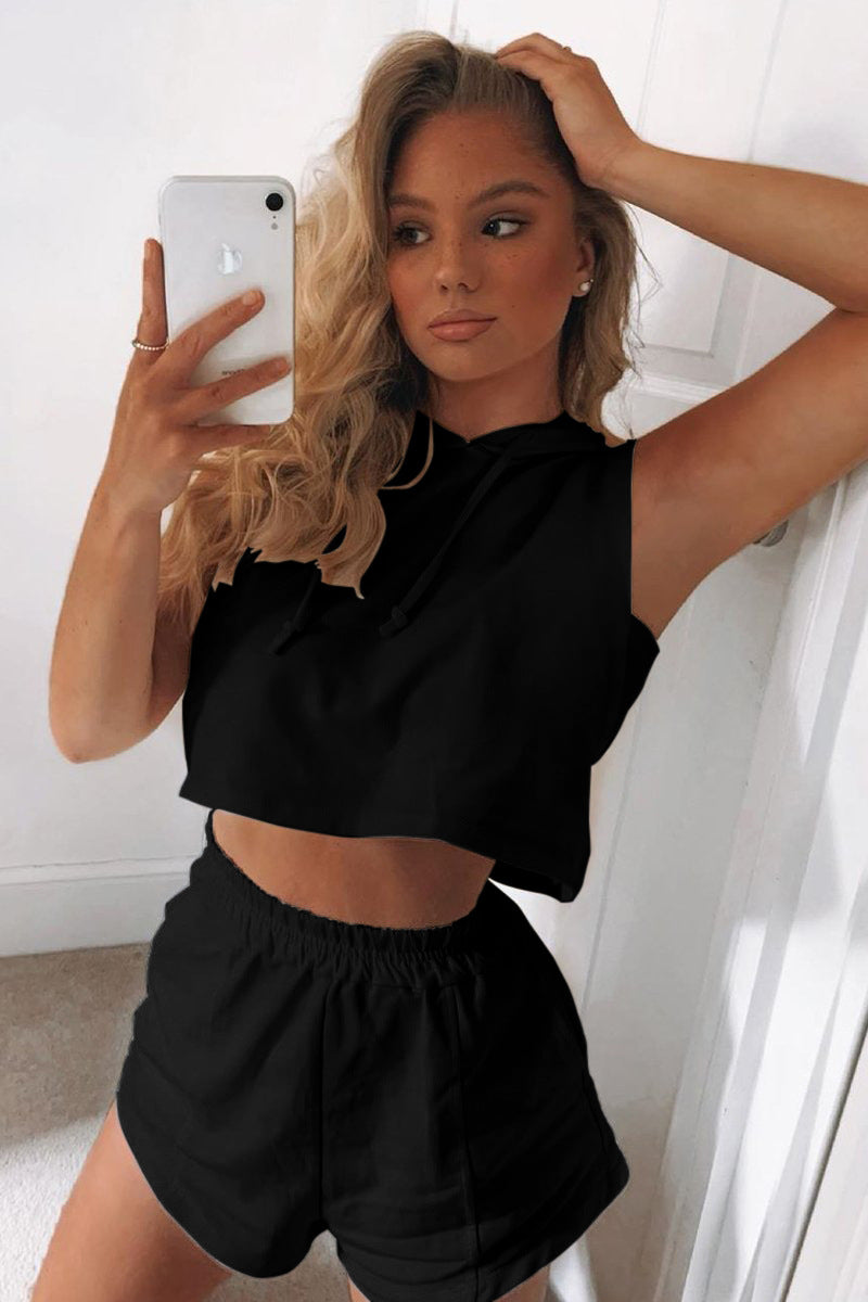 Damen Sportliches Zweiteiliges Set mit Kapuzenoberteil und Shorts Sovae