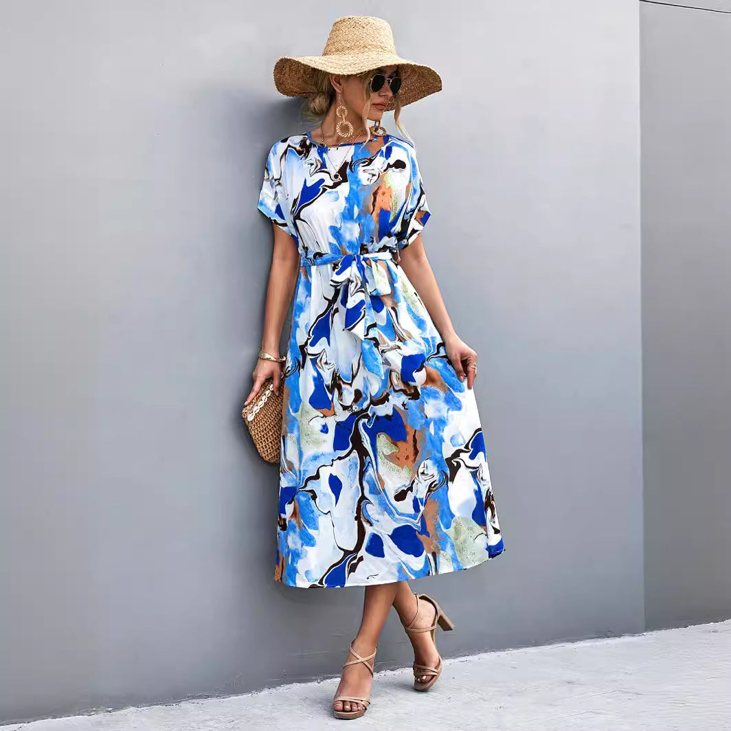 Damen Maxi-Kleid mit fließendem Schnitt und bindbarem Taillengürtel Sovae