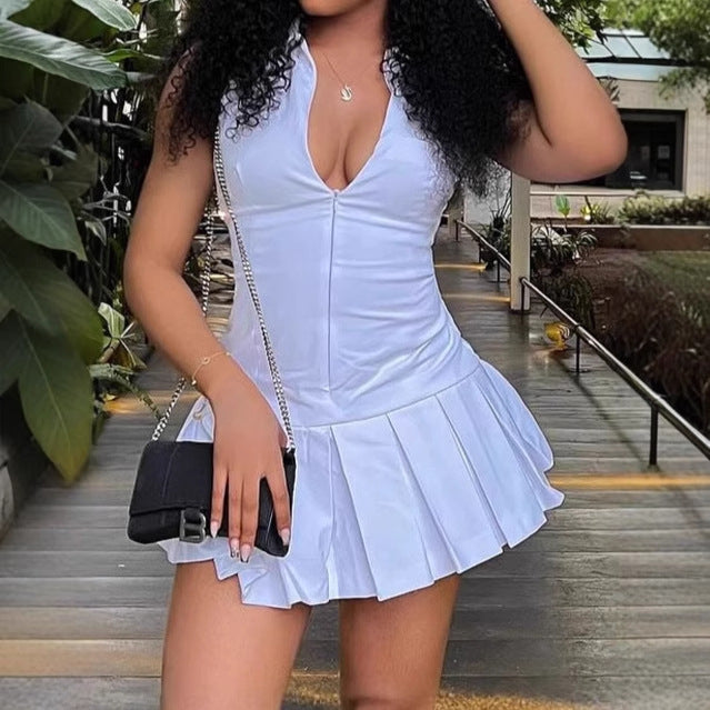 Damen Minikleid mit voluminösem Rock und tiefem V-Ausschnitt Sovae