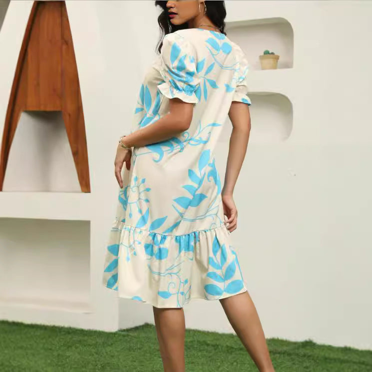 Damen lässiges Midikleid mit Volant-Saum und Puffärmeln Sovae