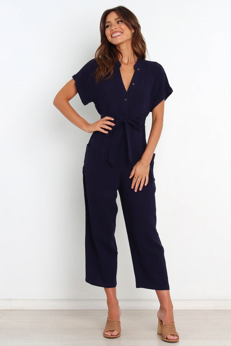 Damen lässiger Jumpsuit mit Taillengürtel und kurzen Ärmeln Sovae