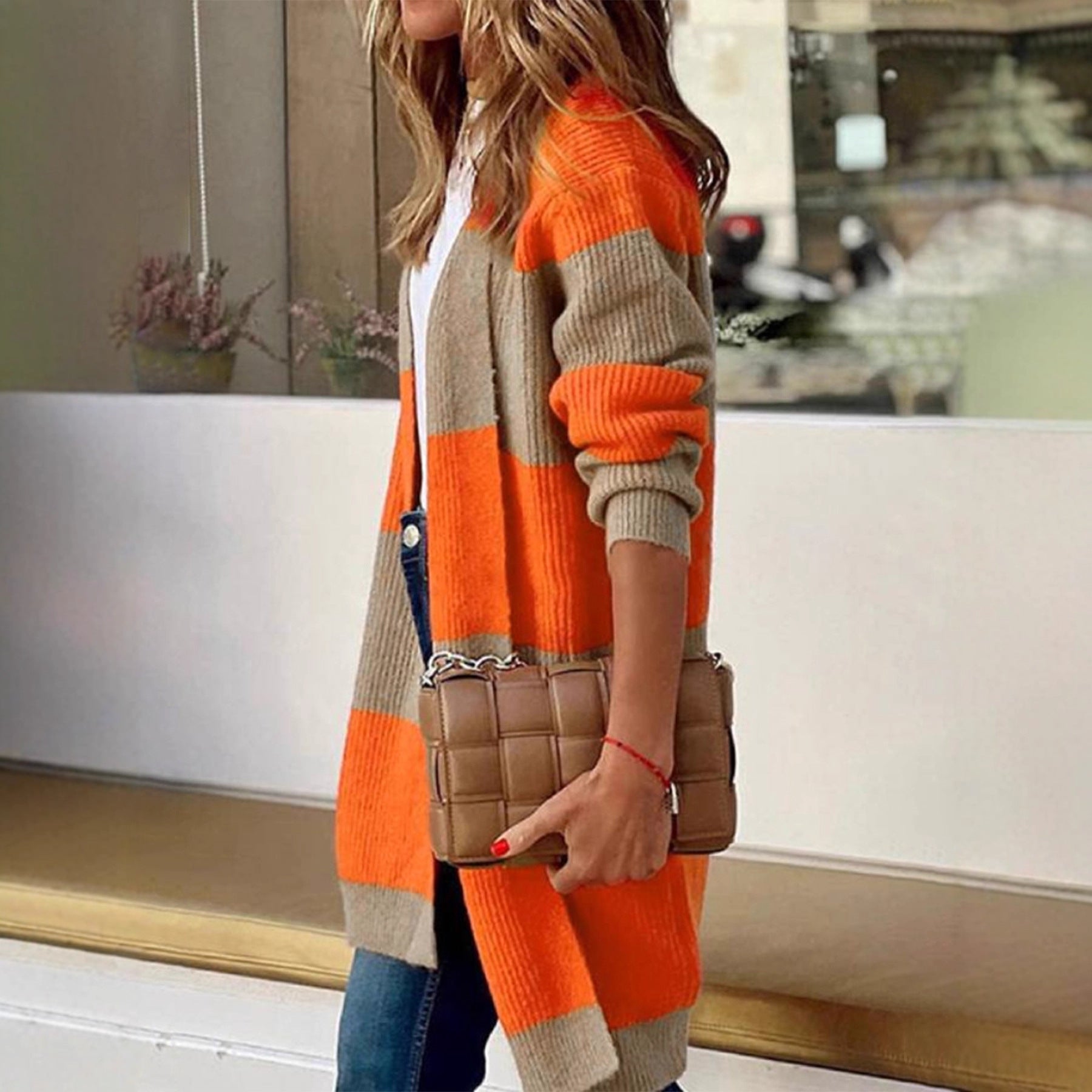Damen langärmeliger Strickcardigan mit modischem Blockstreifen Sovae
