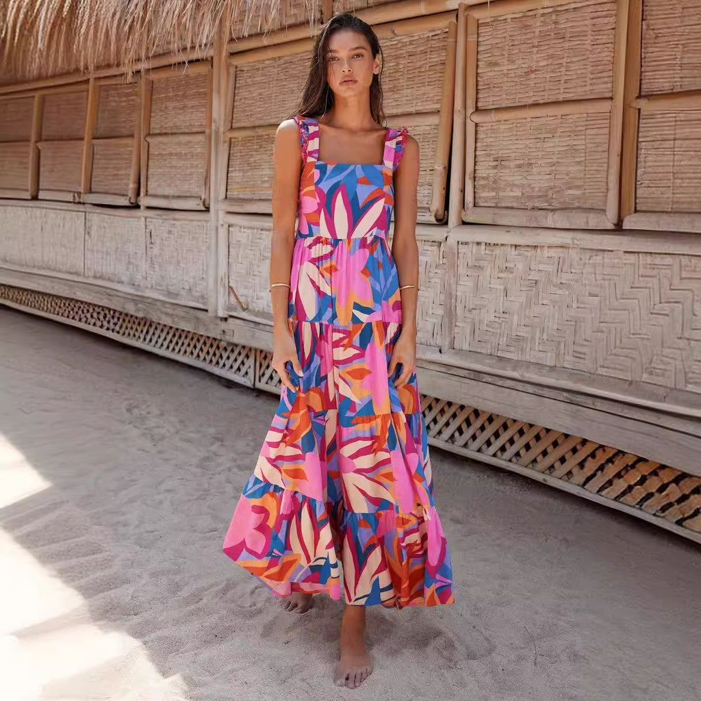 Damen luftiges Maxikleid mit buntem Blütenmuster und Rüschendetails Sovae