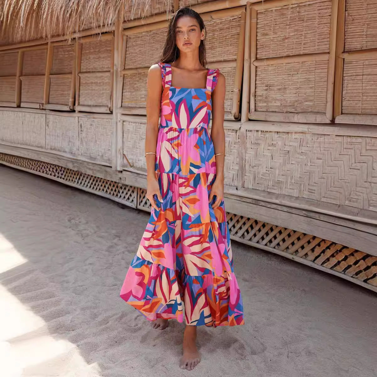 Damen luftiges Maxikleid mit buntem Blütenmuster und Rüschendetails Sovae