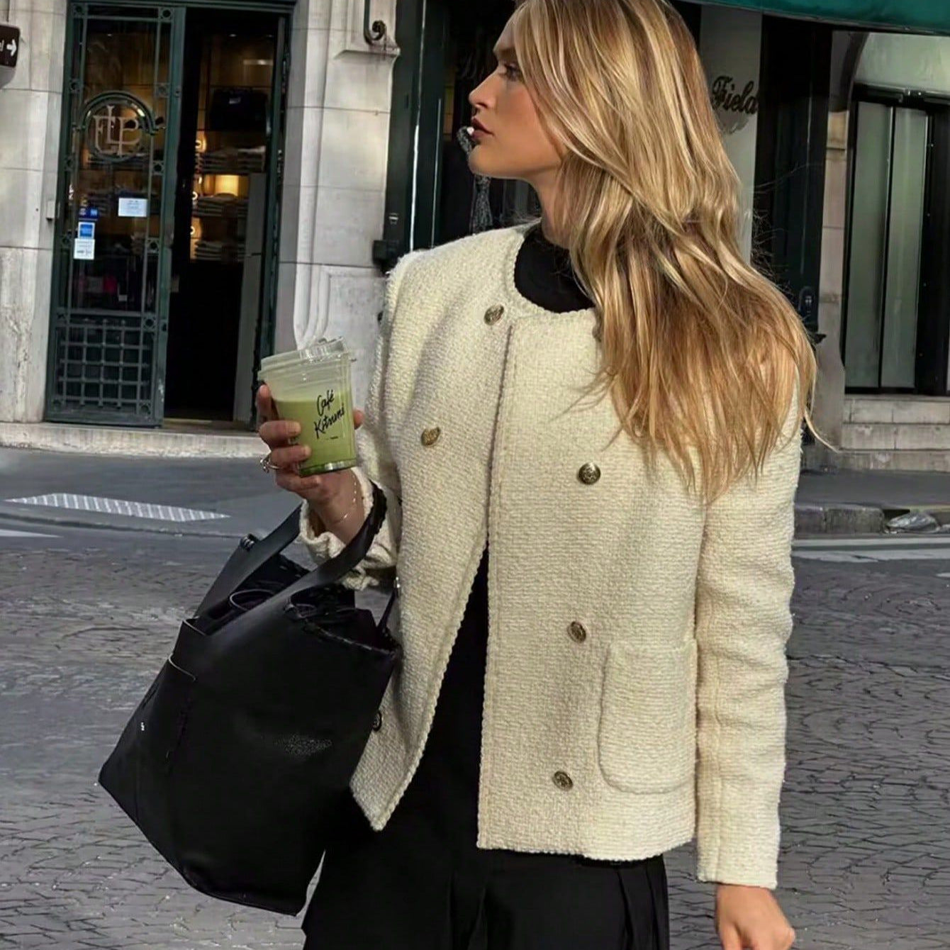 Damen elegante Bouclé-Jacke mit dekorativen Knöpfen und aufgesetzten Taschen Sovae