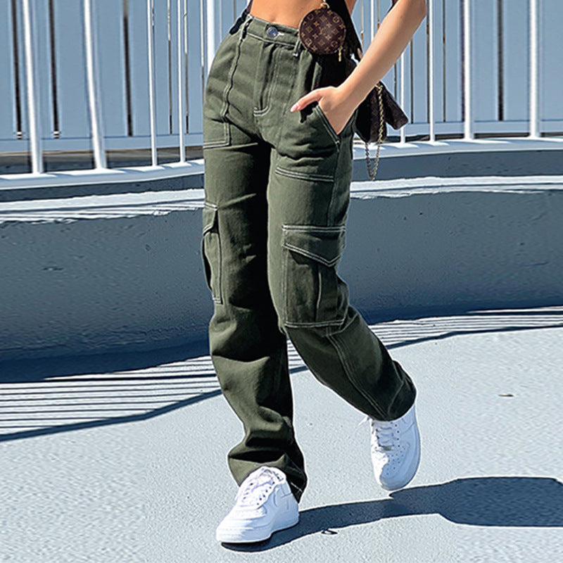 Damen lässige Cargo-Jeans mit tiefen Taschen und weitem Bein Sovae