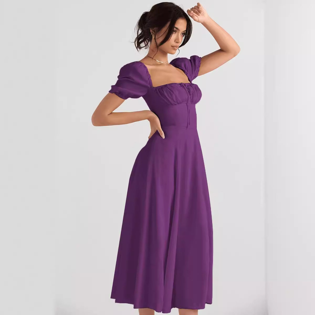 Damen Midi-Kleid mit Puffärmeln und verstellbarem Schnürdetail Sovae
