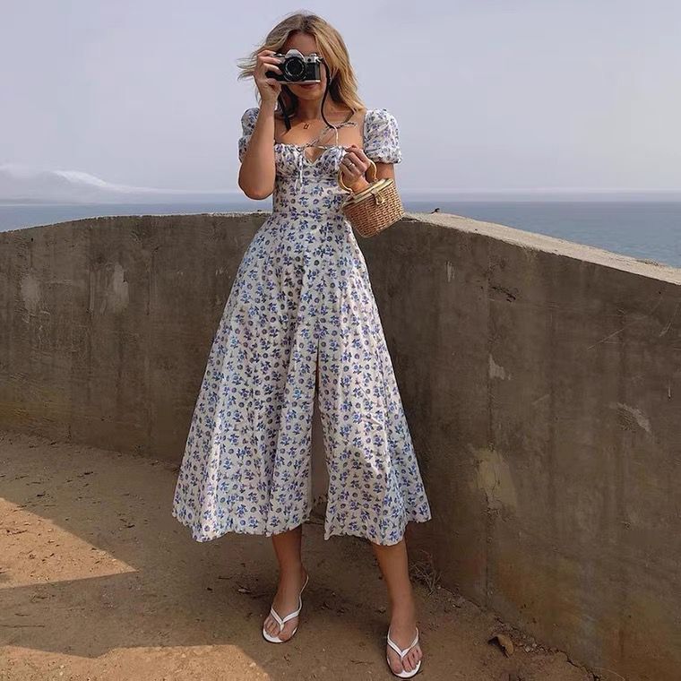 Damen Verspielt Elegantes Maxikleid mit Puffärmeln Sovae