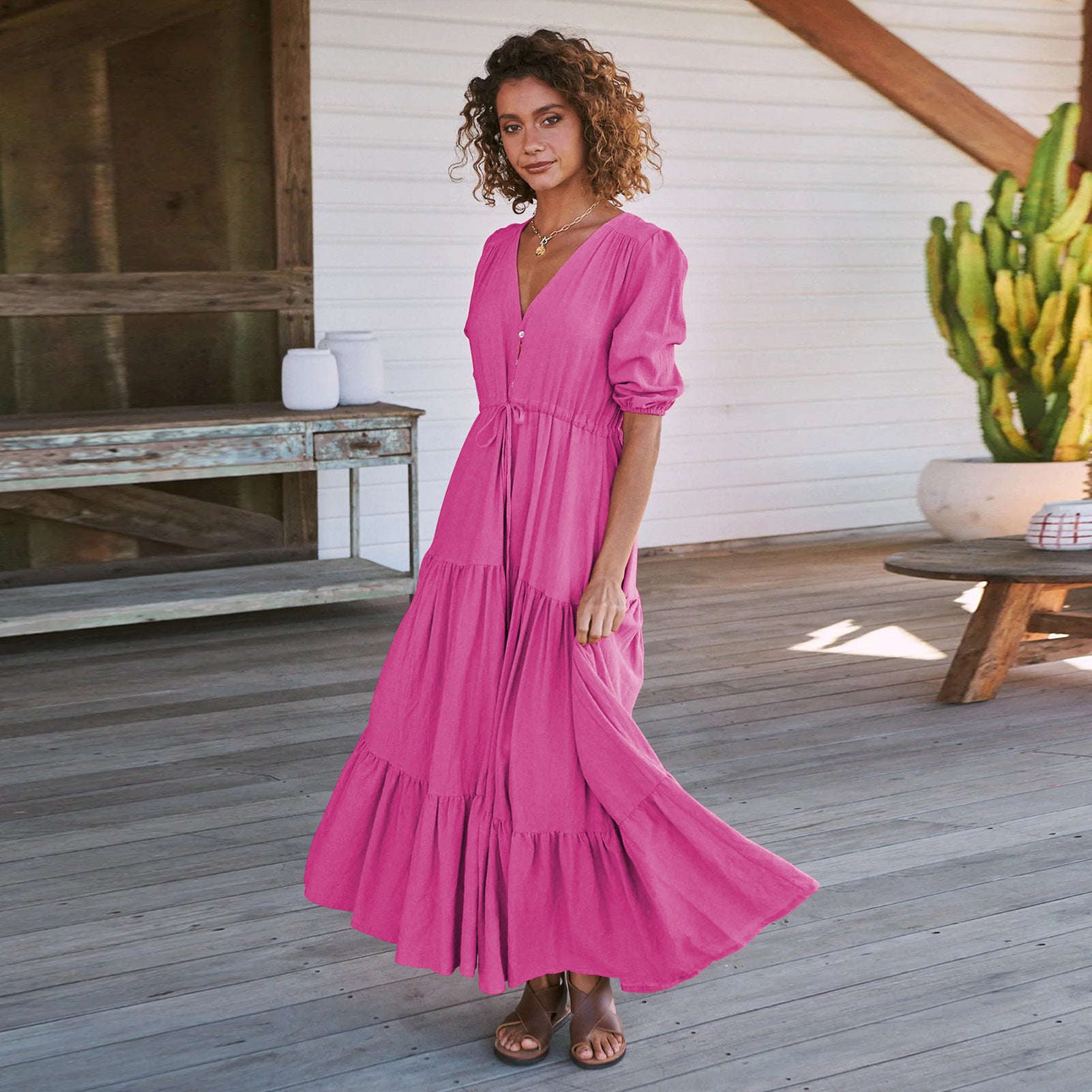 Damen Maxikleid mit zarten Puffärmeln und Taillenzug Sovae