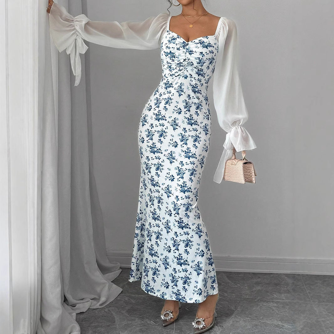 Damen Maxikleid mit floralen Akzenten und eleganten Puffärmeln Sovae