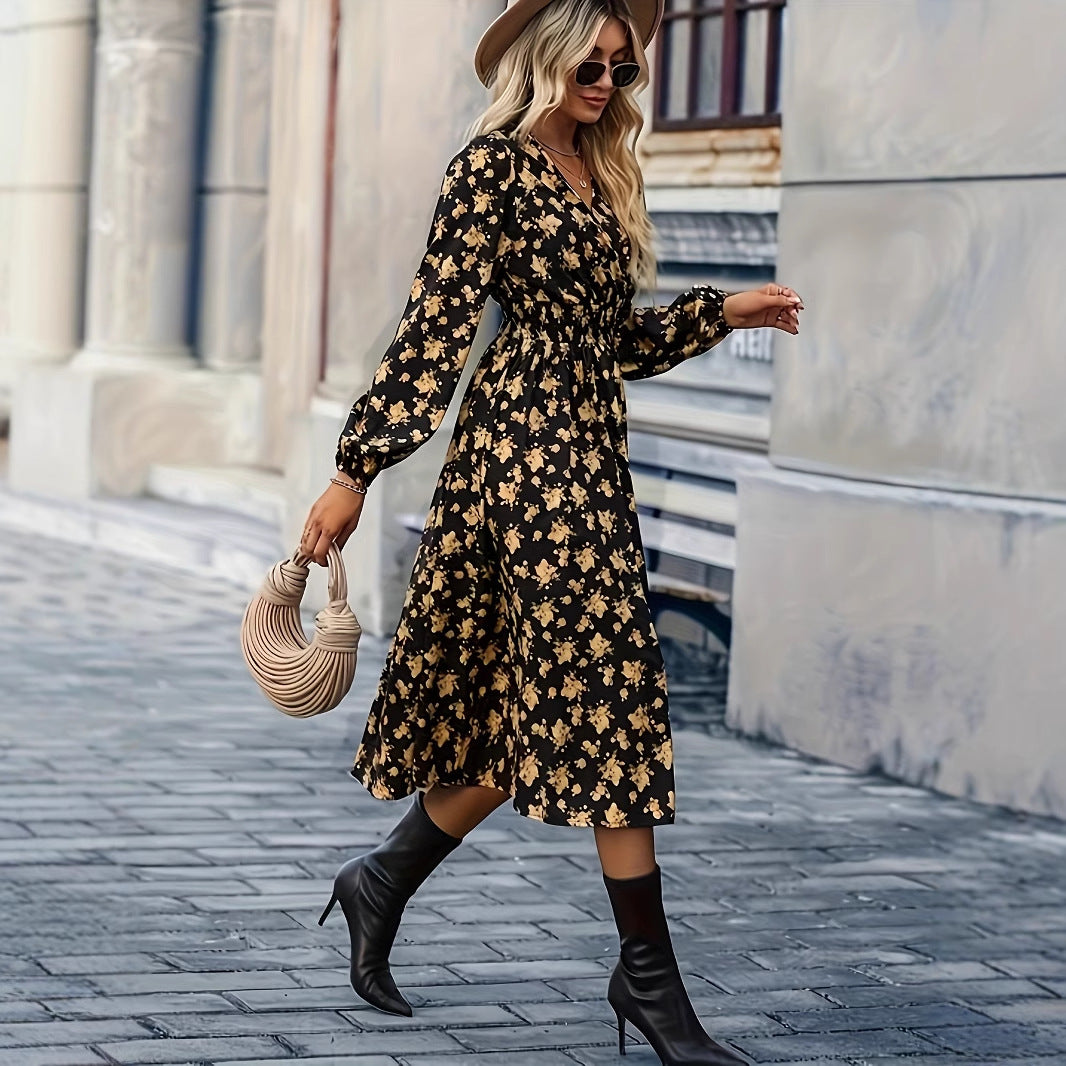 Damen Midikleid mit V-Ausschnitt und blumigem Design Sovae